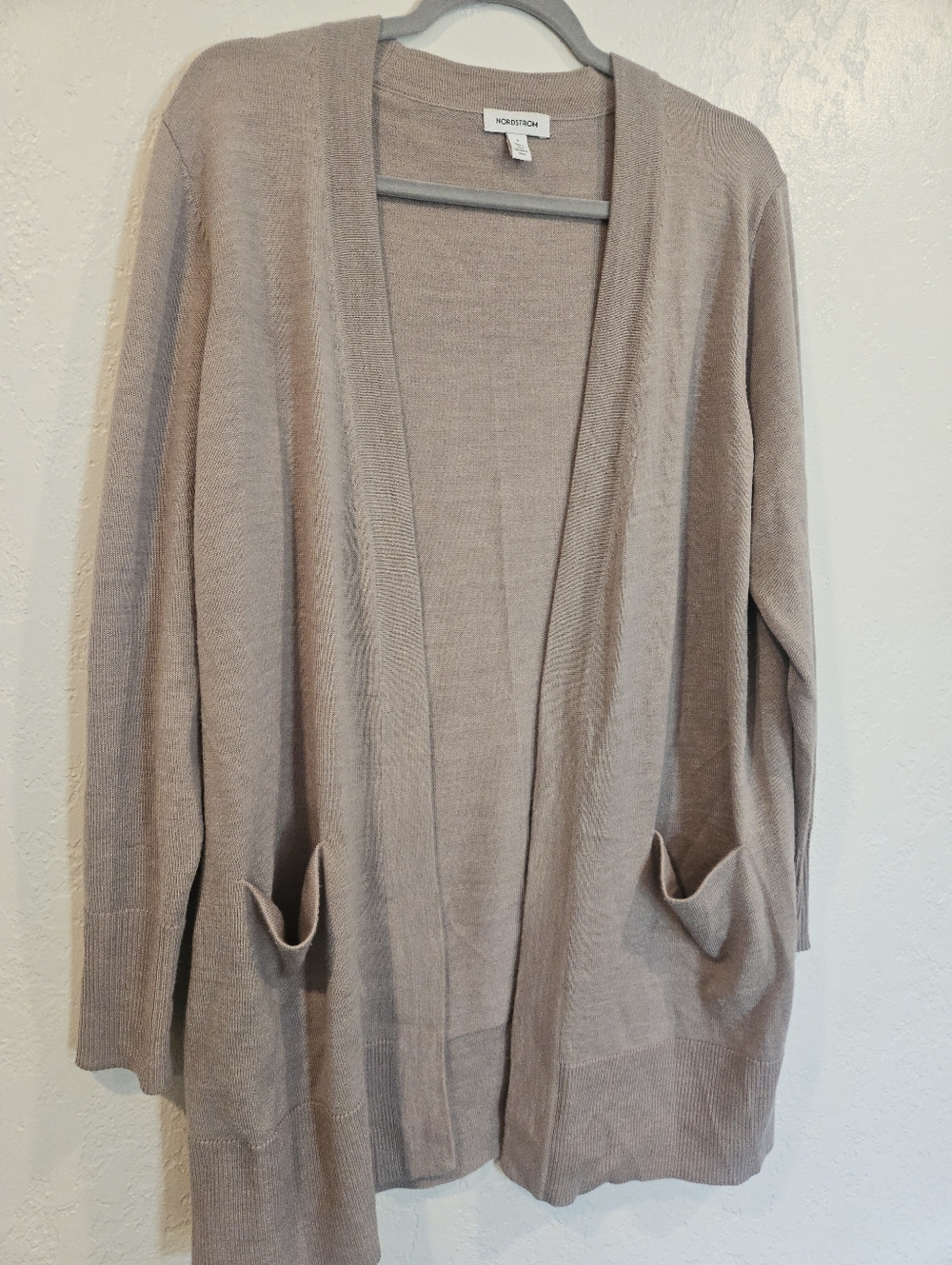 Nordstrom Merino Wool Blend Cardigan Womens Large Open Front Beige Long Sleeve.